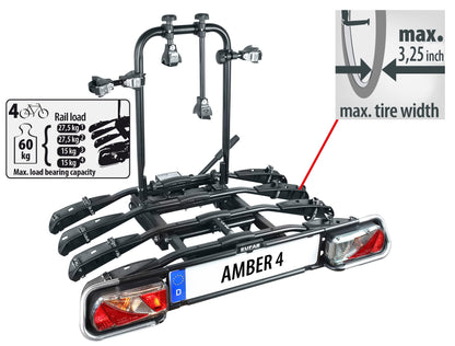 EUFAB 11556 Bike Carrier AMBER 4, suitable for E-Bikes, partially pre-assembled, theft protection, fits 4 bikes, for tow hitch, Black, approx. 102 x 83 x 72 cm