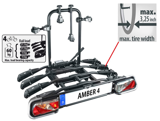 EUFAB 11556 Bike Carrier AMBER 4, suitable for E-Bikes, partially pre-assembled, theft protection, fits 4 bikes, for tow hitch, Black, approx. 102 x 83 x 72 cm
