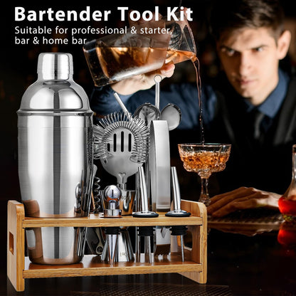 Cocktail Shaker Set, 750ml Stainless Steel Shaker Set, 15 Piece Professional Cocktail Mixing Set, Bartender Set with Bamboo Stand, Recipe Book, Jigger, Spoon, Gift Set for Bar, Home
