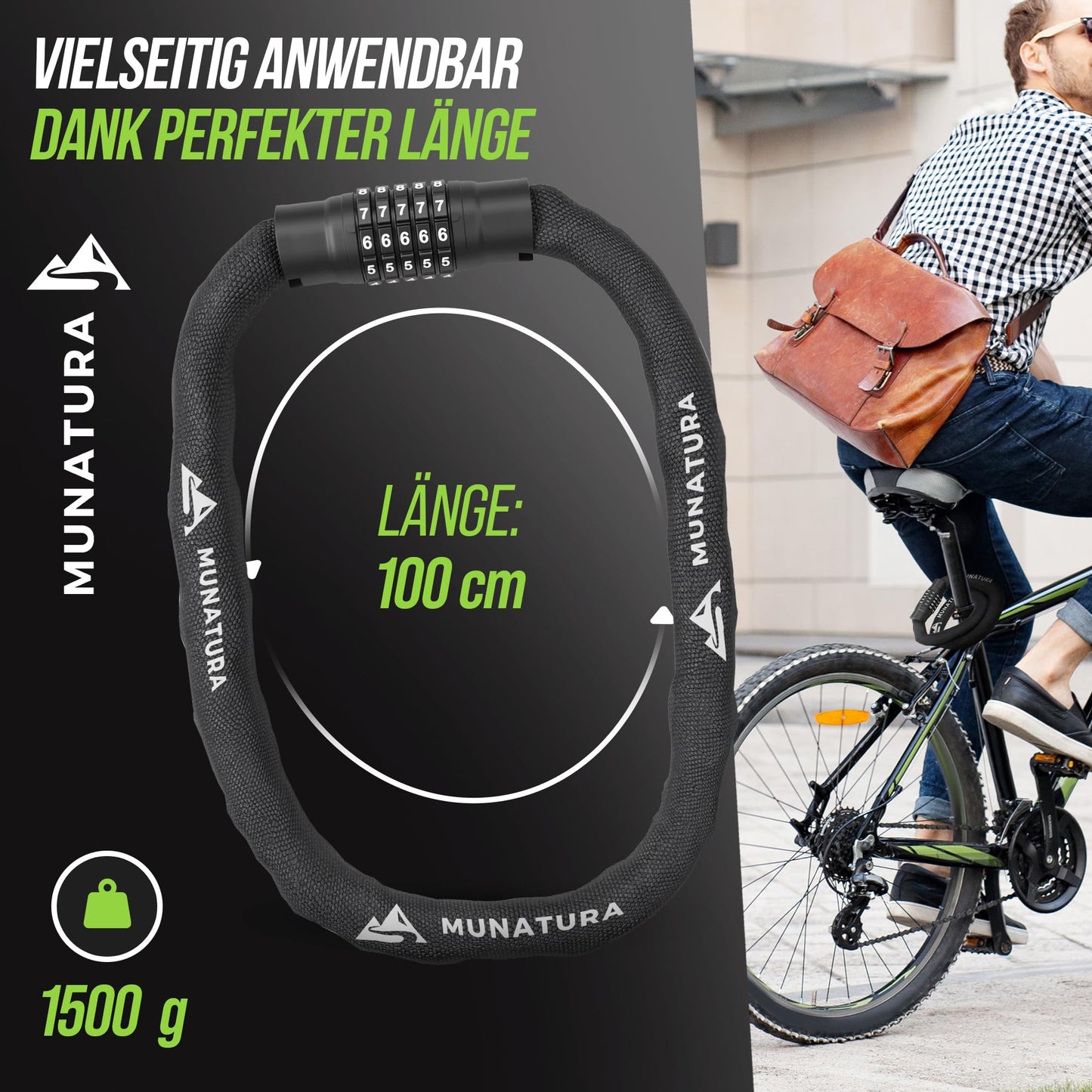 MUNATURA Bike Lock Combination Lock [100cm] - High Security Bike Lock - Bicycle Combination Lock - Bike Lock also perfect as E-Bike Lock