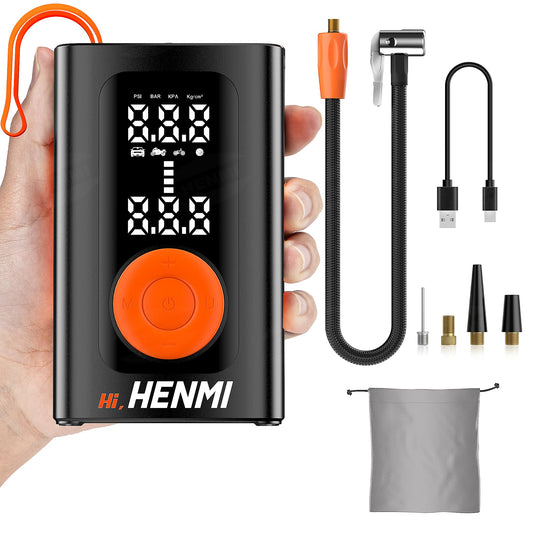 HENMI Electric Air Pump 7500mAh, Portable Mini Compressor with all valves 10.3 Bar, Electric Bicycle Pump with Digital Display Gauge for Bicycle, E-Bike, Car, Motorcycle, Balls.