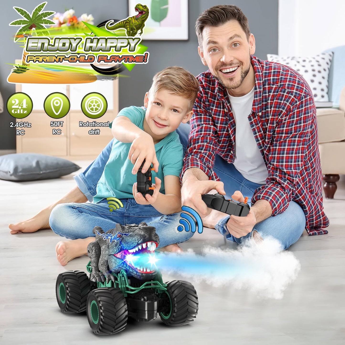 HappyGoLucky Monster truck remote control car for ages 3-8, Dinosaur toy for 3-10 year old boys, RC car with spray mist, music, LED lights, outdoor toy for Easter gifts.
