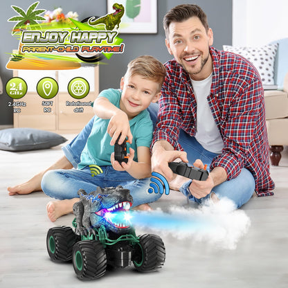 HappyGoLucky Monster truck remote control car for ages 3-8, Dinosaur toy for 3-10 year old boys, RC car with spray mist, music, LED lights, outdoor toy for Easter gifts.
