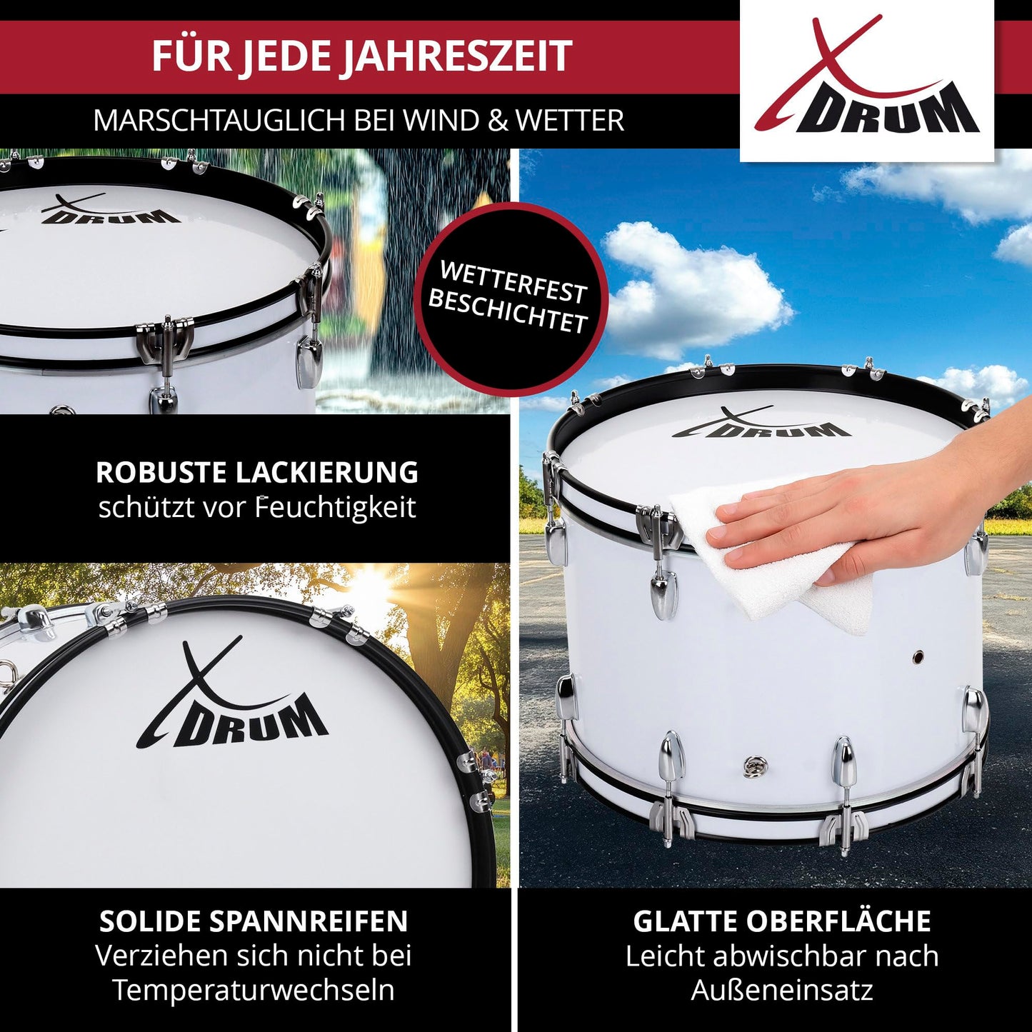 XDrum MBD-226 Marching Bass Drum, Football Drum 26" x 12" (10.5 kg, 4 eyelets, tension rods, includes pair of mallets, carrying straps, tuning key) white