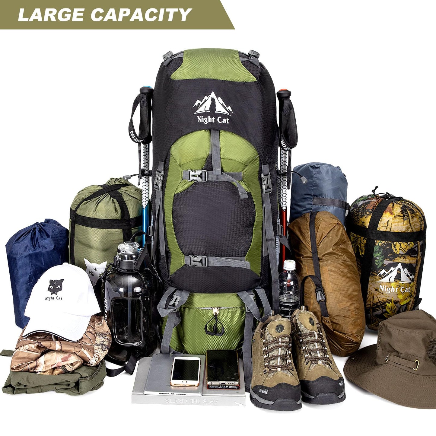 Night Cat Backpack 70L: Trekking Travel Backpack for Men and Women, Breathable for Camping, Hiking, Mountaineering, Climbing, and Bike Travel.