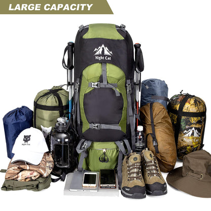 Night Cat Backpack 70L: Trekking Travel Backpack for Men and Women, Breathable for Camping, Hiking, Mountaineering, Climbing, and Bike Travel.