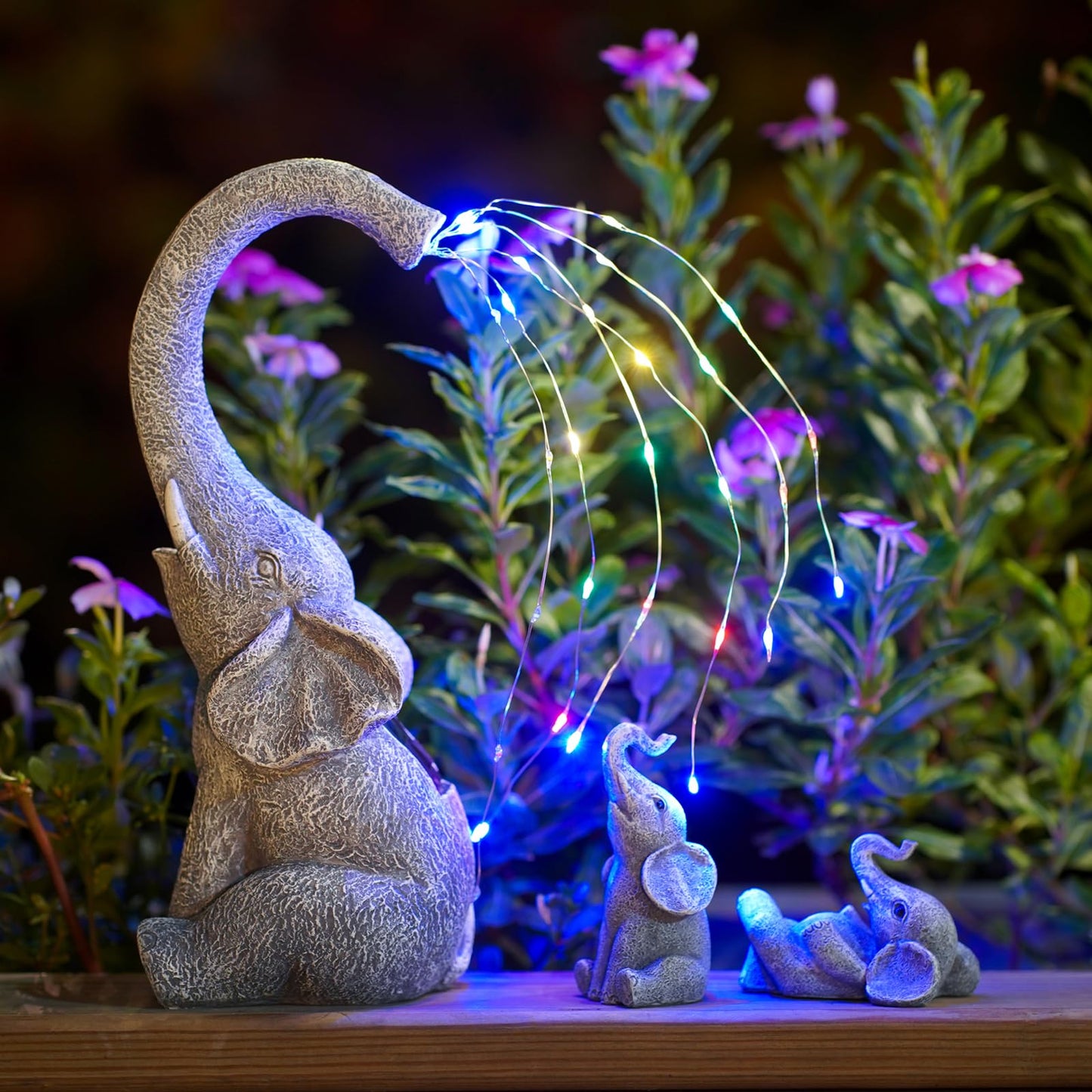 Yeomoo elephant decor garden statues with solar string lights outside: mother elephant with 2 baby elephants outdoor garden decor gifts for mom women living room weatherproof balcony patio decor