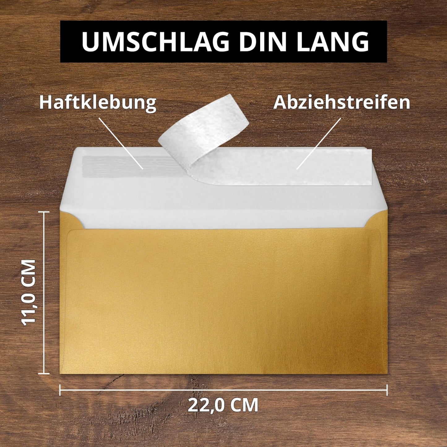 100 Gold Metallic Envelopes DIN Long - 11 x 22 cm - Self-Adhesive - shiny envelopes for big invitations and cards, wedding & Christmas