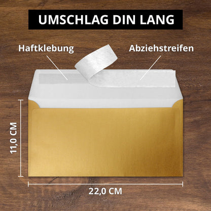 100 Gold Metallic Envelopes DIN Long - 11 x 22 cm - Self-Adhesive - shiny envelopes for big invitations and cards, wedding & Christmas