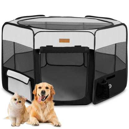 Akinerri pet playpen, portable, foldable, playpen for dogs/cats/puppies, exercise pen for dogs and cats, for indoors and outdoors, removable mesh shade cover.
