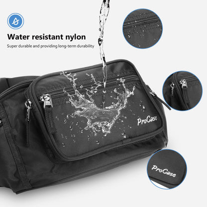ProCase Large Waist Bag Waist Pack Waterproof Hip Bag for Men and Women Large Nylon Fanny Pack with 6 Zipper Pockets for Traveling Sports Hiking Jogging Dog Walking