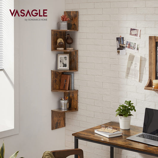 VASAGLE corner shelf, wall shelf with 5 levels, floating shelf for books, bookshelf, plant shelf for bedroom, living room, bathroom, home office, vintage brown