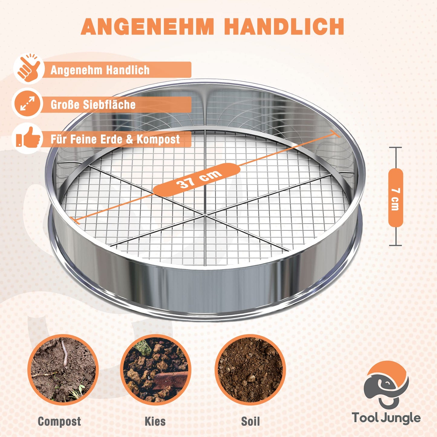Tool Jungle- Stainless steel garden sieve - includes 5 sieve inserts Ø 3.5, 8, 9, 12mm - Compost sieve weatherproof - with additional crossbar for more stability.