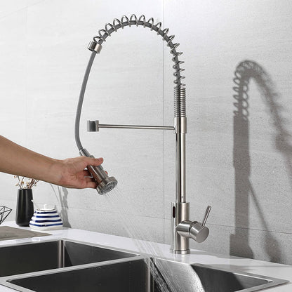 Touchless kitchen sink faucet with pull down spring, automatic sensor mixer in brushed nickel stainless steel.