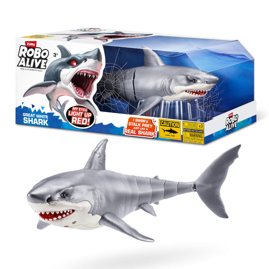 Robo Alive Great White Shark Series 1 by ZURU, battery-operated robot shark toy with light-up feature, perfect for summer pool fun, bath time toy, shark lovers.