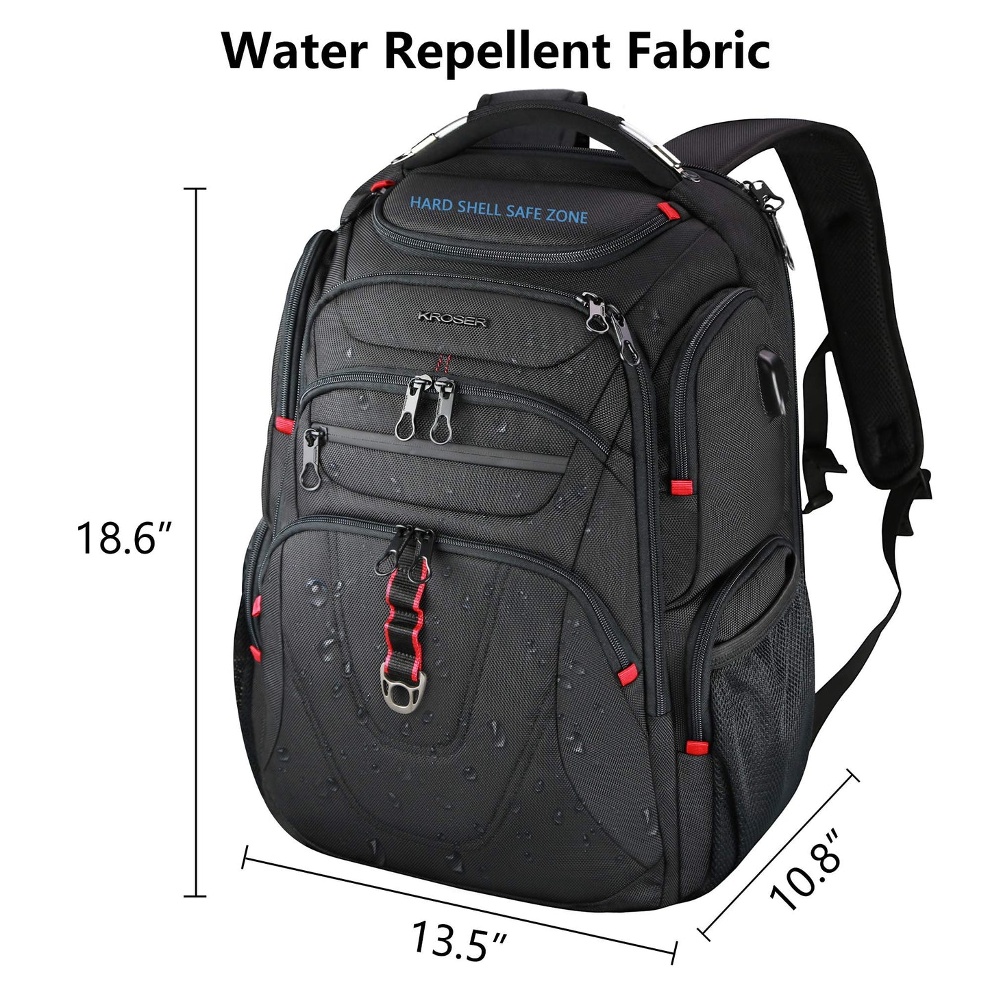 KROSER Laptop Backpack 17.3 Inch Business Travel Backpack Carry-On Waterproof with Hard Shell Security Compartment Charging Port RFID Pocket for Men/Women/College/School - Black MEHRWEG