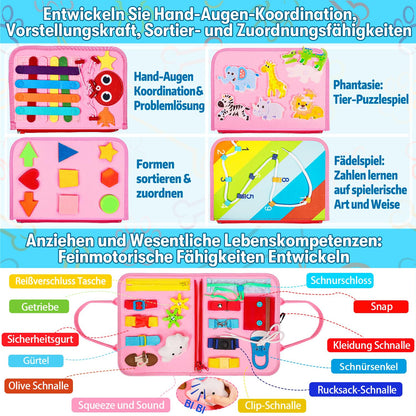 Esjay Busy Board German Montessori Toy for Toddler Girls, Activity Board Book Motor Skills Toy, Gift for Girls Birthday, Learning Toy Motor Skills Board for Travel by Car or Plane, German Pink