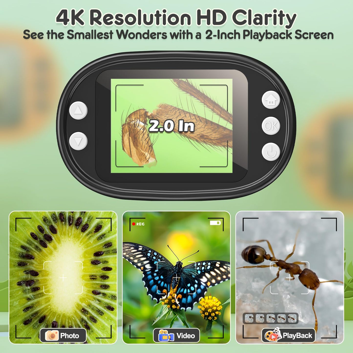 1000X portable digital microscope for kids: 4K 2.0" screen Rechargeable mini pocket USB trichome microscope science kit with slide set Gifts for 4-12 year olds