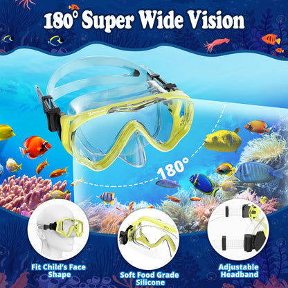 UPhitnis Kids Snorkel Set - Anti-Fog Dive Mask and Dry Snorkel - Leak-proof Dive Mask with Dry Snorkel - Snorkeling Gear for Boys Girls - Pink, Blue, Black, Yellow