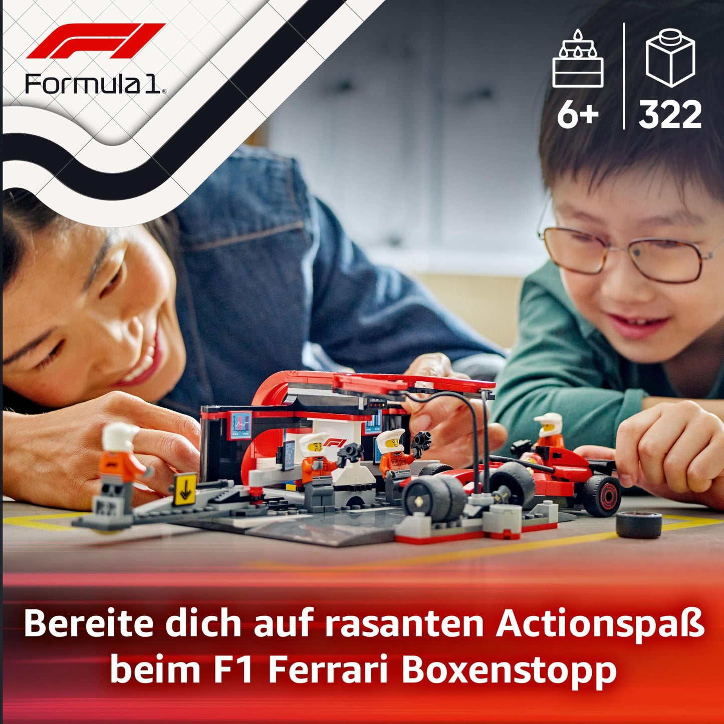 LEGO City F1 Pit Stop with pit crew and Ferrari speedster - Formula 1 Pit Stop set with 1 racer and 4 mechanic minifigures - Toy race car for boys and girls ages 6 and up - 60443