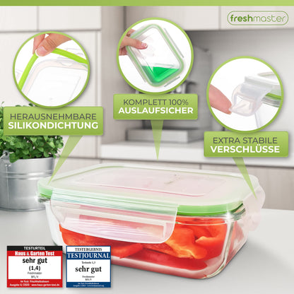 Fresh Master Glass Food Storage Container Set - Review: EXCELLENT - 100% leak-proof + airtight glass storage containers with lids I Glass meal prep boxes I Glass storage box (18 pieces)