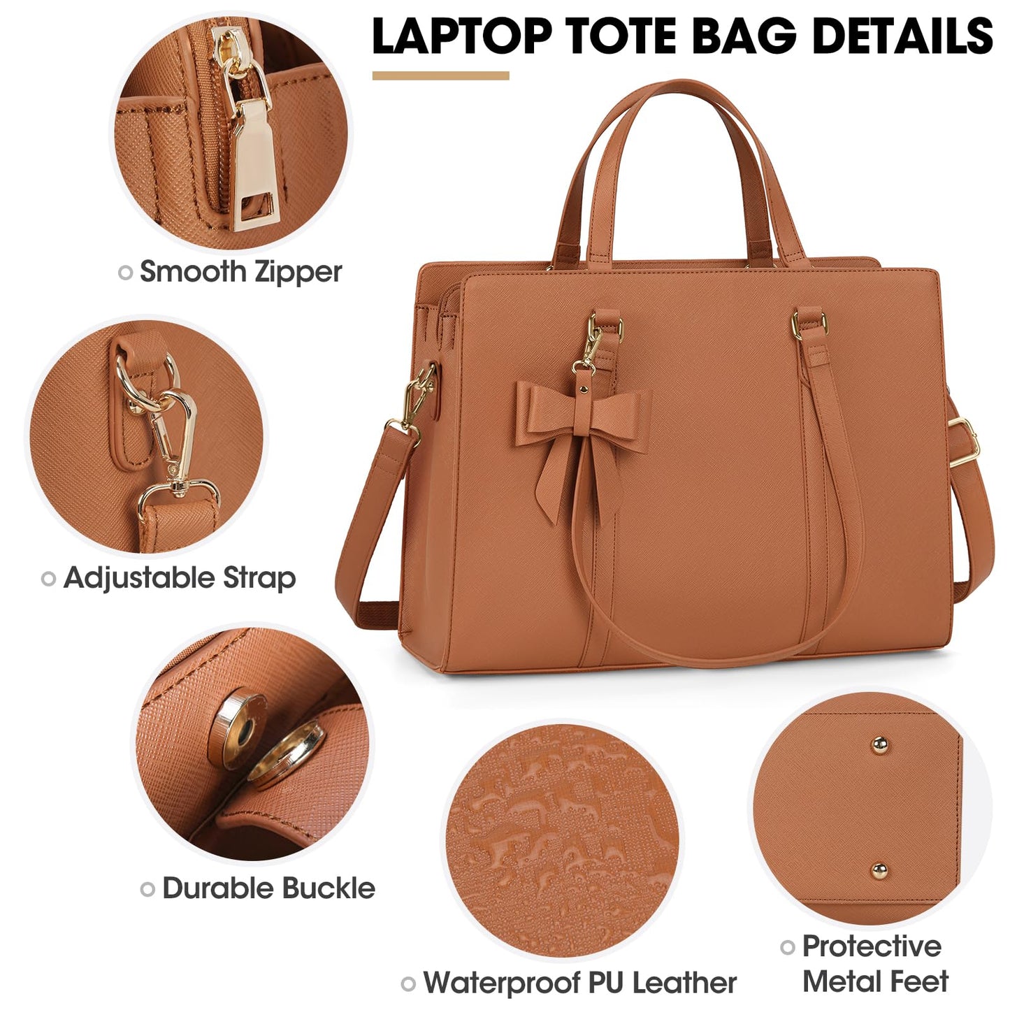 NEWHEY Handbag Women Shopper Women Large Brown Bag Women Laptop Bag 15.6 Inch PU Leather Shoulder Bag Work Bag for Business Work School