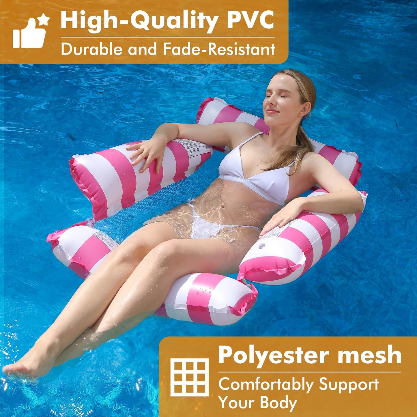 Inflatable pool float chair lounge for adults and kids, swimming, striped pattern float hammock for pool party summer water fun (Navy Blue+Light Blue+Pink)