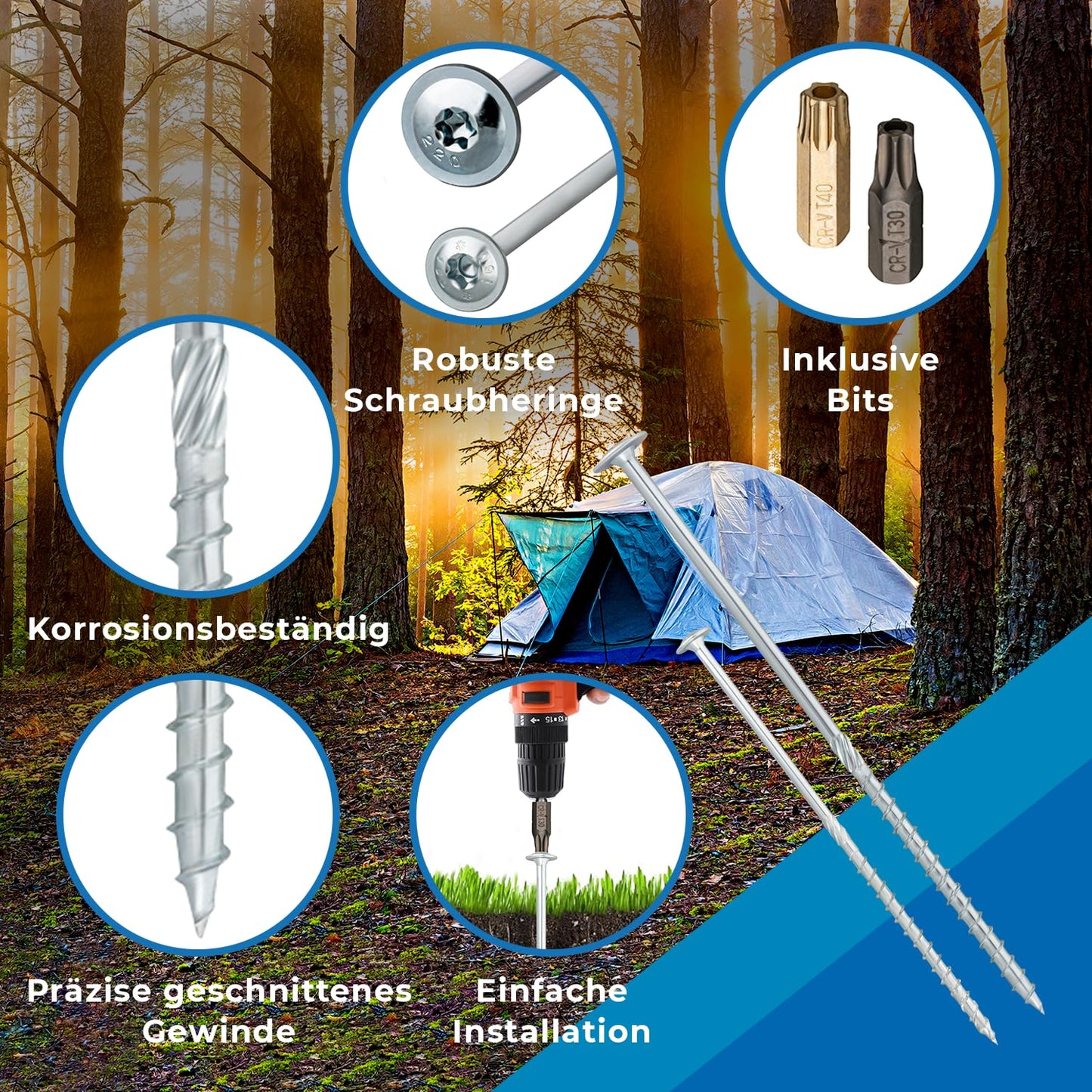 18 screw-in tent pegs with bit attachment and 18 washers in a transport box for camping, tent anchoring, RV awning, or storm securing in silver.