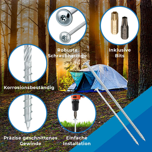 18 screw-in tent pegs with bit attachment and 18 washers in a transport box for camping, tent anchoring, RV awning, or storm securing in silver.