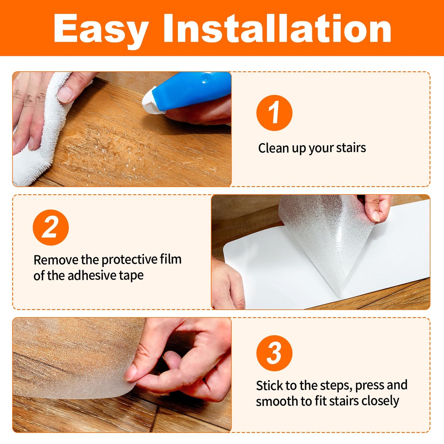 Non-slip stair treads mats, transparent self-adhesive stair carpet treads for indoor wood stairs floor, anti-slip mat adhesive pads, 10 x 60 cm, 15 pieces.