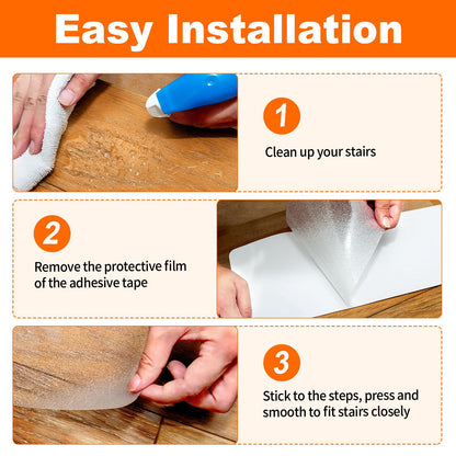 Non-slip stair treads mats, transparent self-adhesive stair carpet treads for indoor wood stairs floor, anti-slip mat adhesive pads, 10 x 60 cm, 15 pieces.
