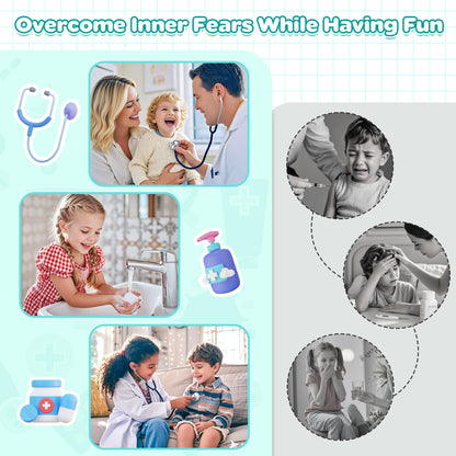 Peradix Doctor Kit for Kids 3 years and up - 39-piece wooden doctor's playset with real stethoscope, doctor's coat, thermometer, and portable bag. Perfect gift for kids aged 3, 4, 5, and 6.