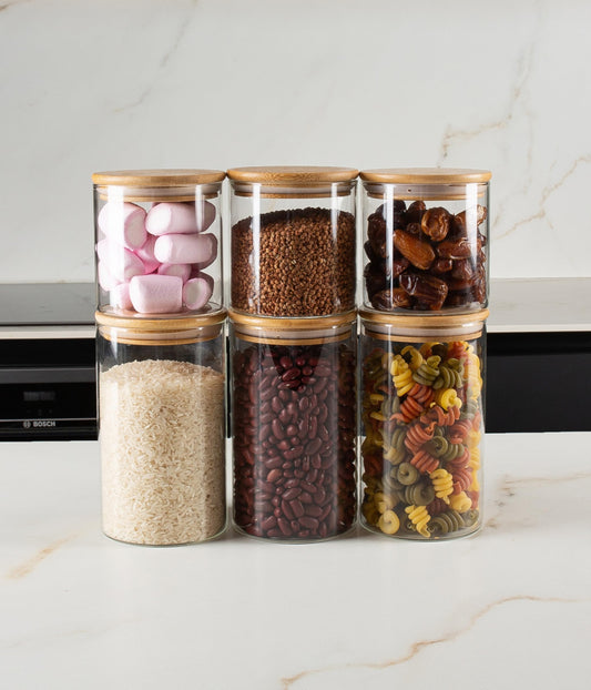 Deco House® storage jars with lid 6-pack [+LABELS] - For muesli, cornflakes, sugar, flour - Glass storage containers with airtight lid - Storage jar - Kitchen storage box