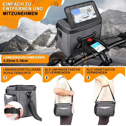 GXCROR handlebar bag for bike 5.5L Waterproof, with touchscreen phone holder & shoulder strap - Universal for e-bike, mountain bike, city bike.