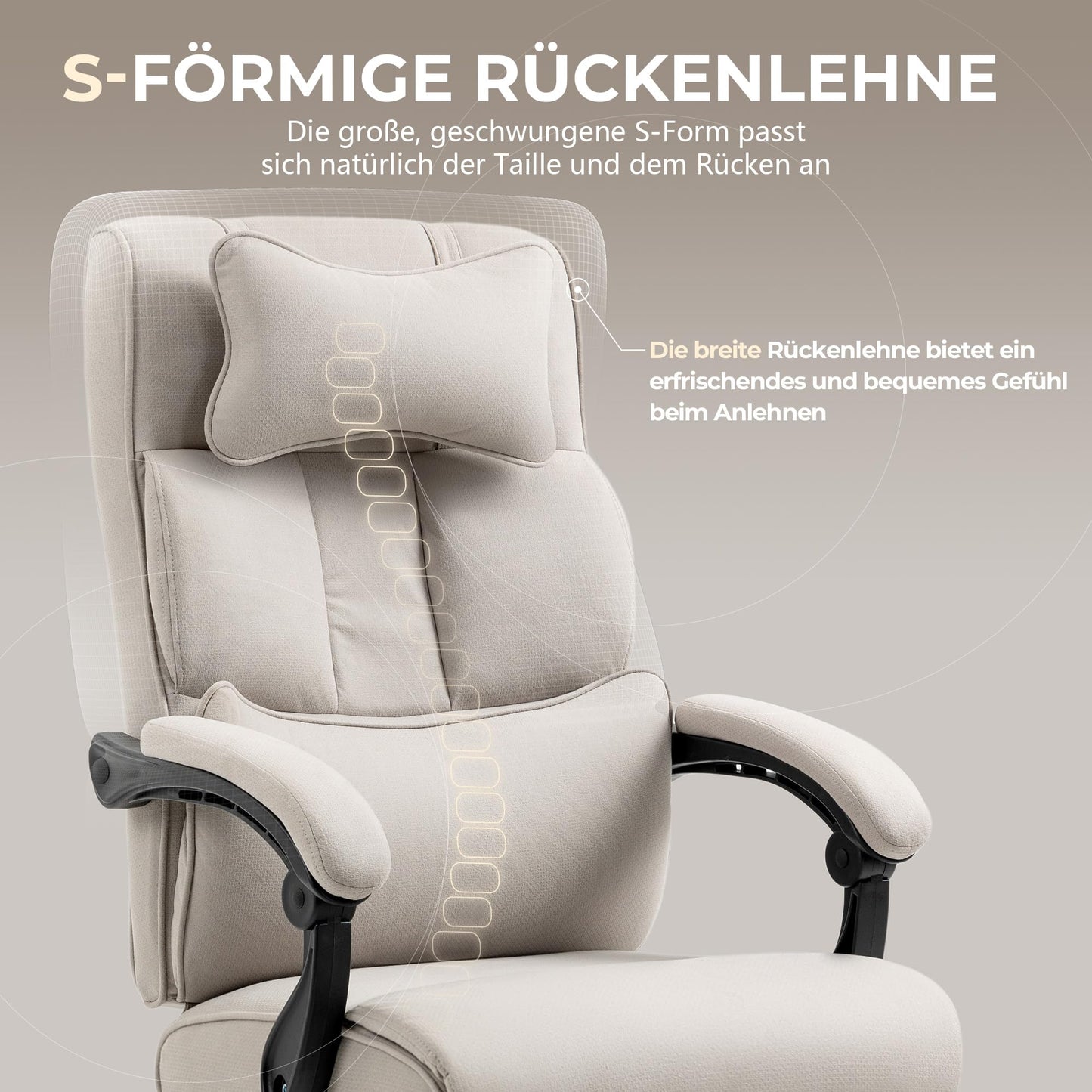 Dowinx ergonomic office chair with footrest and padded armrest, ergonomic fabric office chair, swivel computer chair with high backrest, adjustable height office chair 150 KG beige.