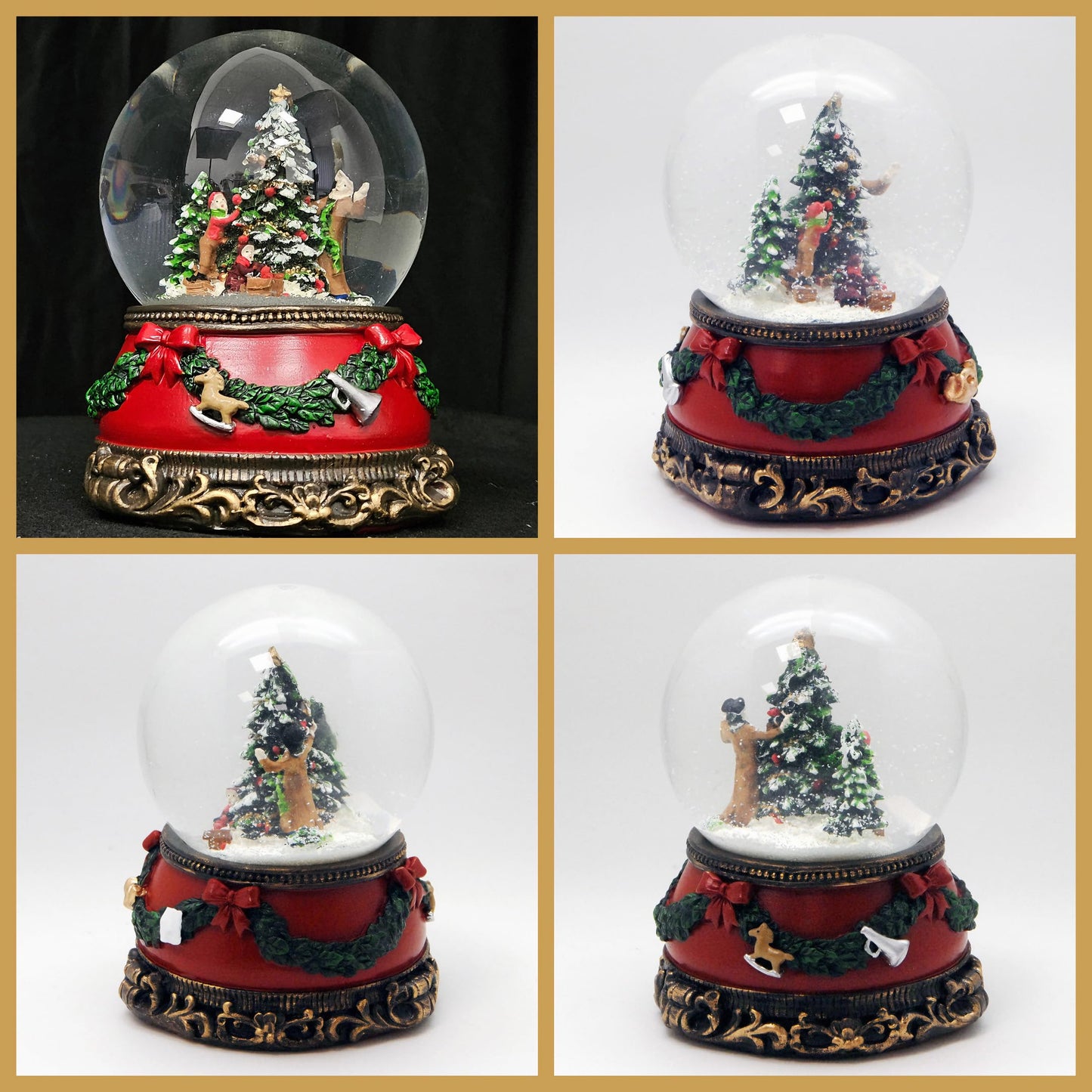 Snow globe decorate Christmas tree | base red with fir garland | with music box | shake ball Christmas decoration | W: 10 cm H: 14 cm | 20272