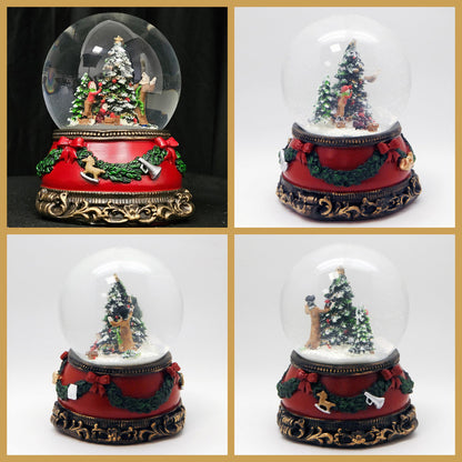 Snow globe decorate Christmas tree | base red with fir garland | with music box | shake ball Christmas decoration | W: 10 cm H: 14 cm | 20272