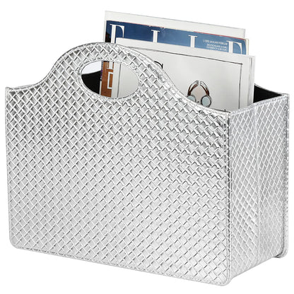 HofferRuffer magazine holder with handle, foldable PU leather magazine stand, document holder, magazine basket, newspaper storage for office, coffee table, living room, reception (Silver)