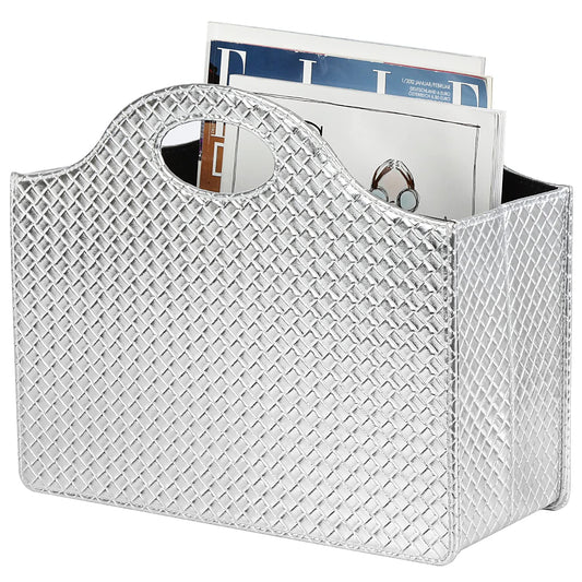 HofferRuffer magazine holder with handle, foldable PU leather magazine stand, document holder, magazine basket, newspaper storage for office, coffee table, living room, reception (Silver)