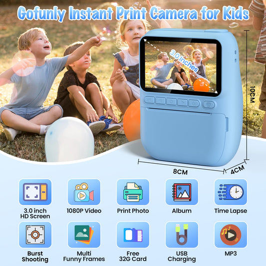 Gofunly Instant Camera for Kids, 3.0 inch Screen Kids Camera with 32GB Card & Printing Paper, 14MP/1080P Kids Instant Print Camera, Gift for 3-12 Years (Blue)