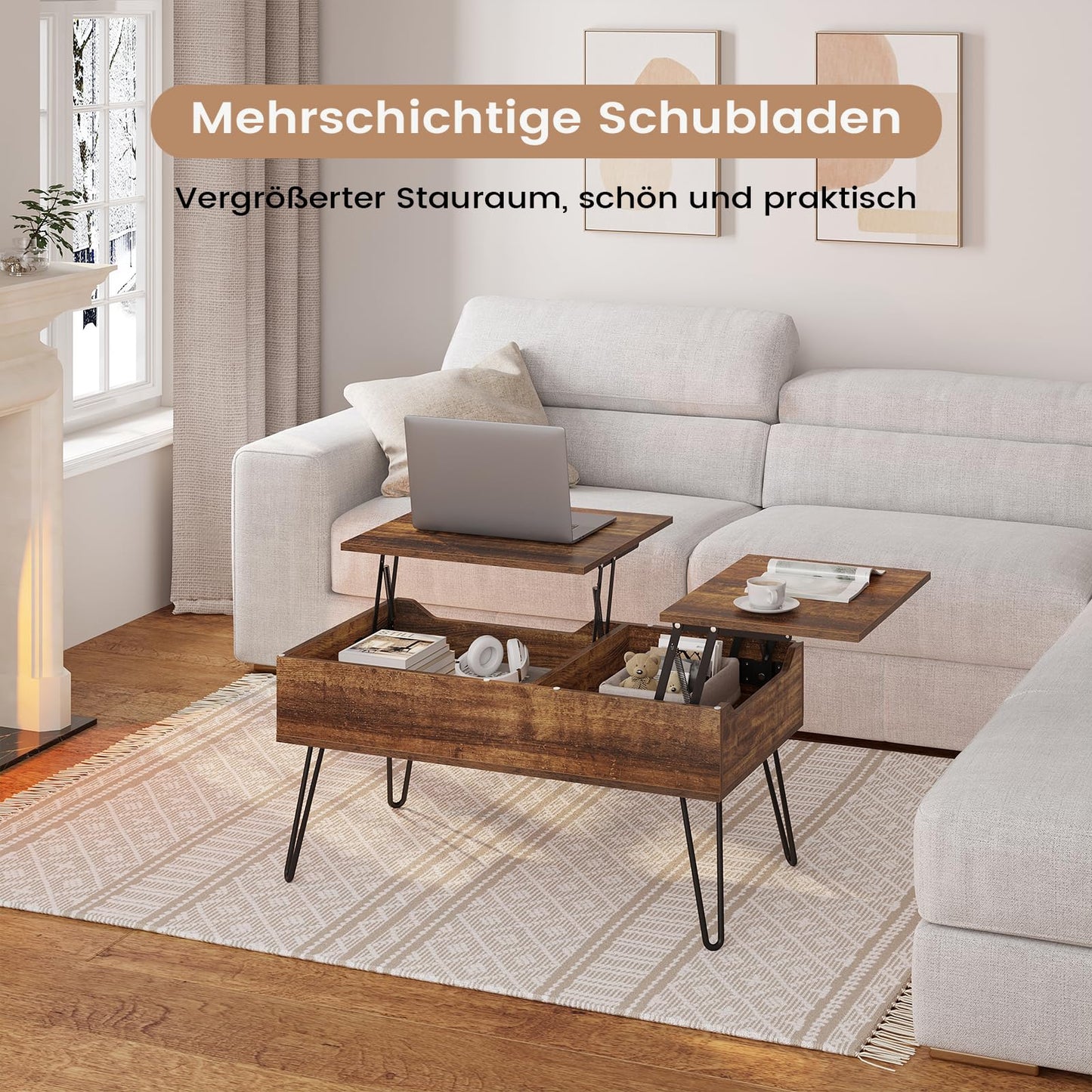 WOLTU coffee table, height-adjustable living room table, extending, retractable coffee table, separate hidden storage compartment, double lifting plate, vintage brown sofa table, wood composite, metal.