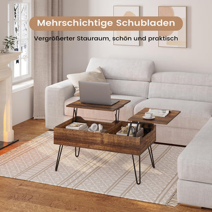 WOLTU coffee table, height-adjustable living room table, extending, retractable coffee table, separate hidden storage compartment, double lifting plate, vintage brown sofa table, wood composite, metal.