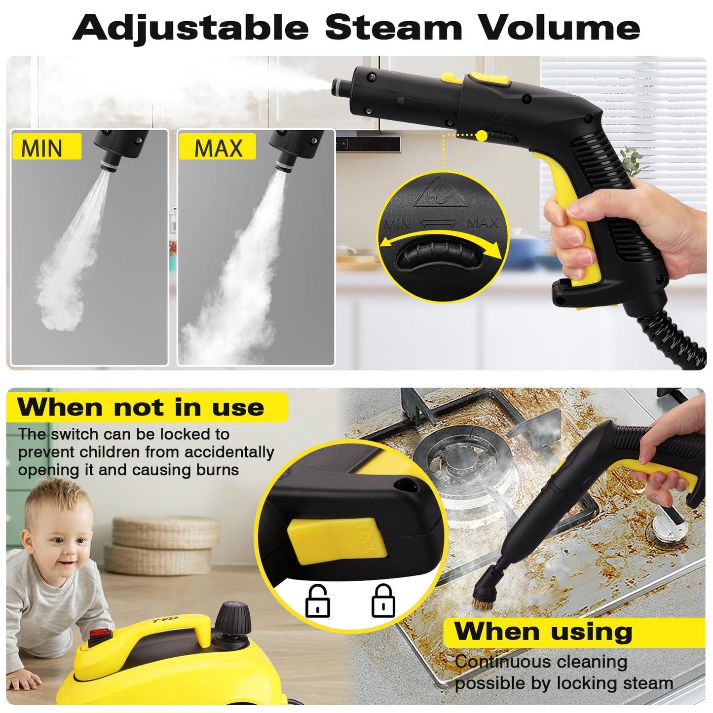 TVD steam cleaner, upholstery cleaner device, steam cleaner with 5m extra long power cord for floor steamer, oven, carpet, sofa, upholstery, bed bugs