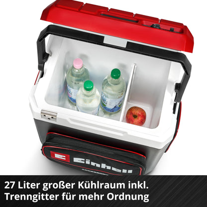 Einhell Battery-Powered Cooler TE-COL 18/27 Li-Solo Power X-Change (18 V, 27 liters, Cooling and Heating, Hybrid 12 V for Car, 230 V Power Connection, including Bags, without Battery)