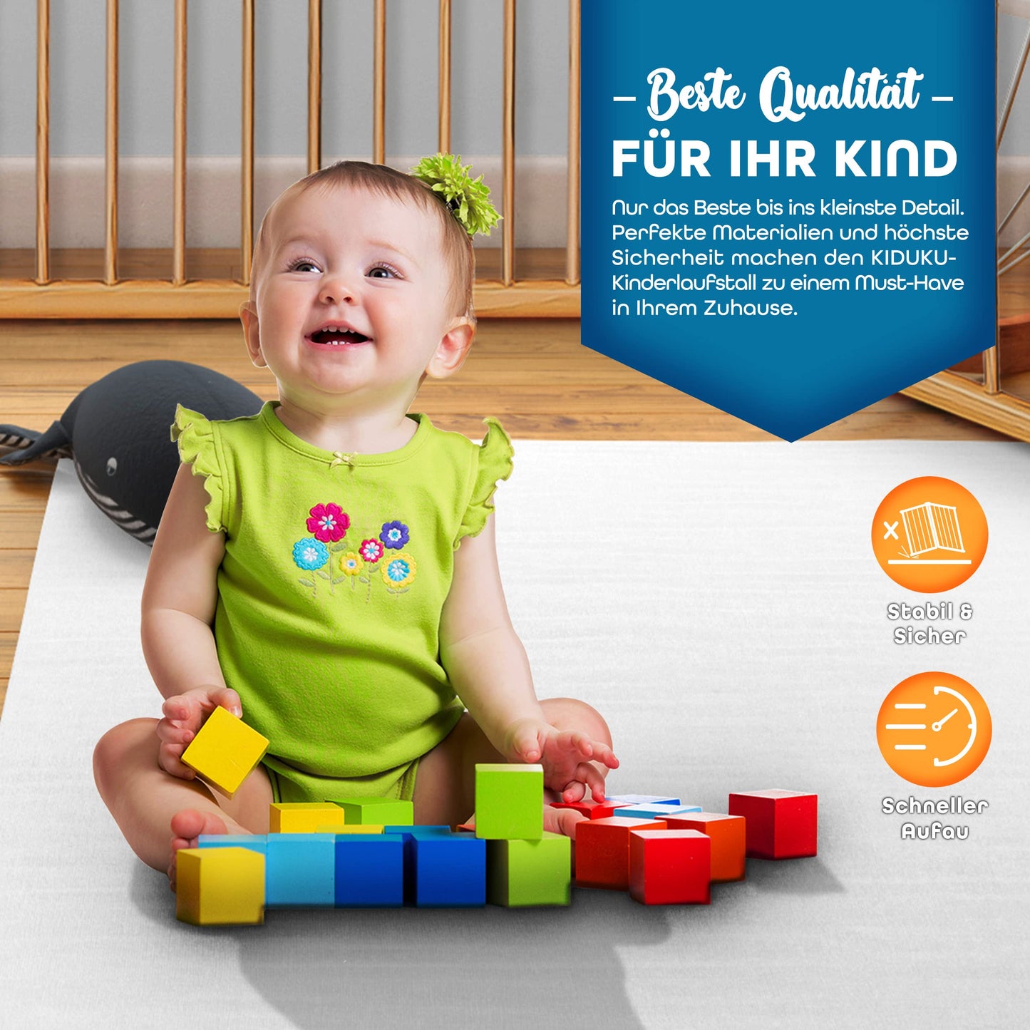 KIDUKU® 7.2 meters baby playpen XXL foldable incl. door | playpen with double locking | safety gate for children incl. 8 elements | playpen shapeable as needed
