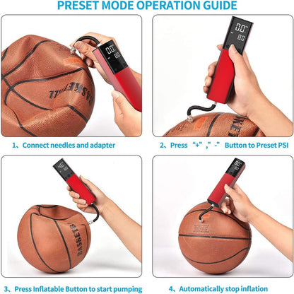 Electric ball pump, Smart air pump, Portable, Quick inflation of ball with precise gauge and digital LCD display for soccer, basketball (2 needles and 1 nozzle) Red.