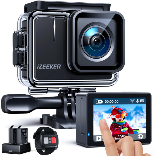 iZEEKER Action Cam 4K 30FPS 20MP, 40M Waterproof, Underwater Camera with Stabilization, Touchscreen Video Camera, 170° Wide Angle Helmet Camera, 2X1050 mAh Batteries, WiFi, 2.4G Remote Control, Accessory Kit