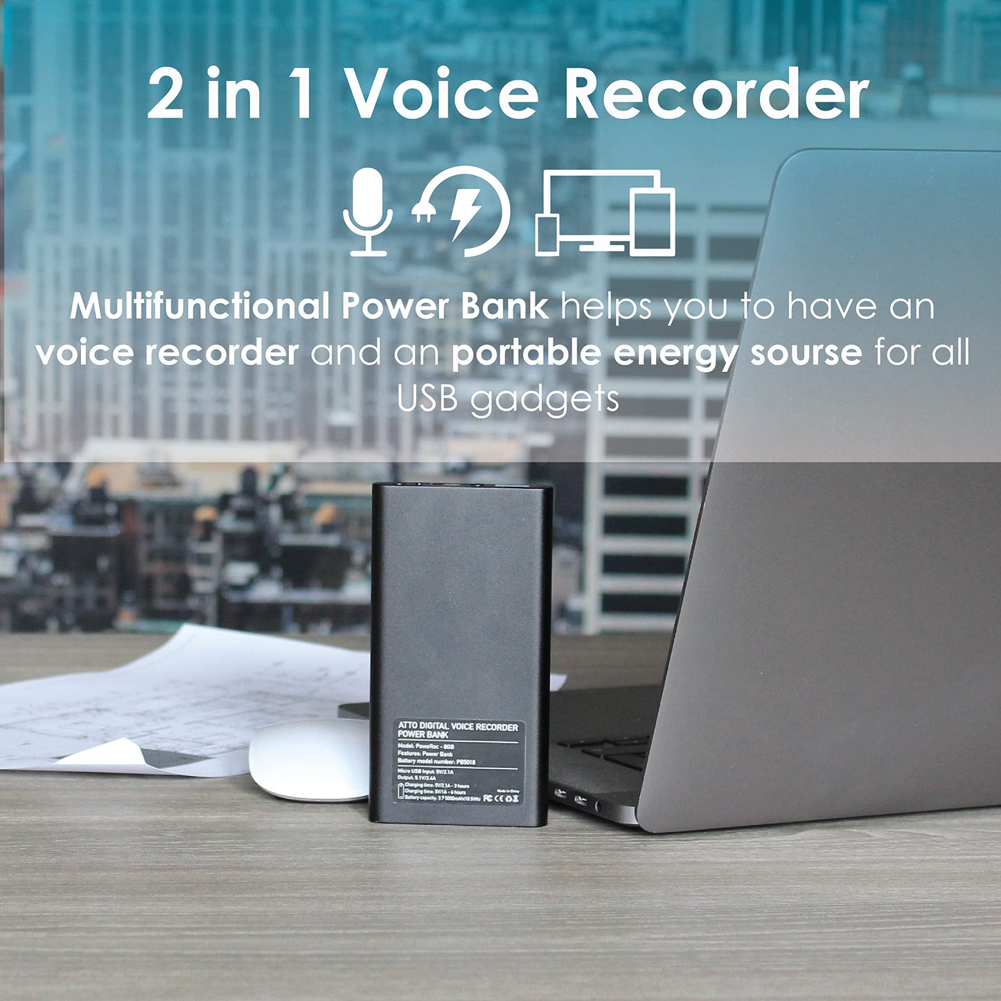 64GB Professional Recording Device - Voice Activation - 18 Days Operating Time - 11mm Thin - Power Bank Phone Charging Function - PoweREC by Atto Digital