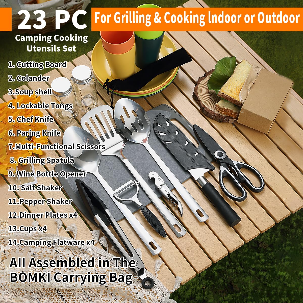 Mountain Country Camping Essentials, camping cookware set, camping gear equipment must-haves, come with camping cutlery sets, plates, and cups, perfect for outdoor cooking, picnic, grilling.