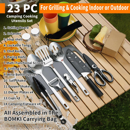 Mountain Country Camping Essentials, camping cookware set, camping gear equipment must-haves, come with camping cutlery sets, plates, and cups, perfect for outdoor cooking, picnic, grilling.